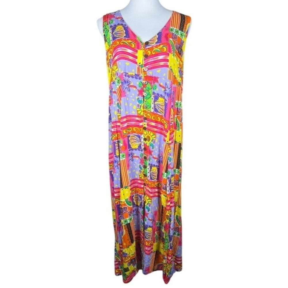 Calypso Women XXL Multicolor Patchwork Floral Button Front Sleeveless Maxi Dress